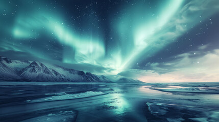 Aurora borealis over ocean. Starry sky with polar lights and clouds. Night winter landscape with aurora, sea with blurred water, snowy mountains