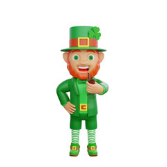 3D illustration of St. Patrick's Day character leprechaun holding a pipe