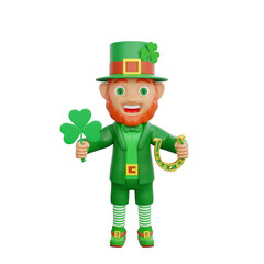 3D illustration of St. Patrick's Day character leprechaun holding a lucky clover and a golden horseshoe