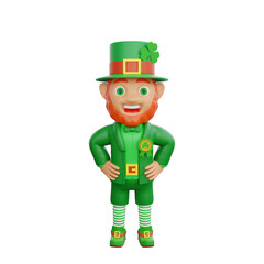 3D illustration of St. Patrick's Day character leprechaun proudly displaying a badge