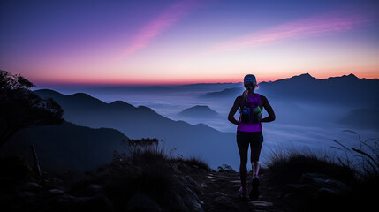 Obraz premium An ultramarathon runner wearing violet accessories takes a steep, unmarked trail down a mountain at twilight