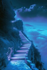 Road to success, staircase climbs to the top of the mountain which is illuminated by light, view from afar