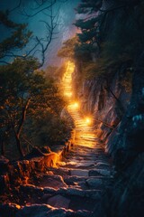 Road to success, staircase climbs to the top of the mountain which is illuminated by light, view from afar