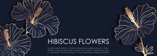 Luxurious dark blue floral card with golden hibiscus flowers. Floral background, wallpaper, poster, banner © Лилия Агапова