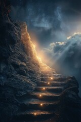 Way to success, a stairs leads to the top of a mountain which is illuminated by light, conceptual image