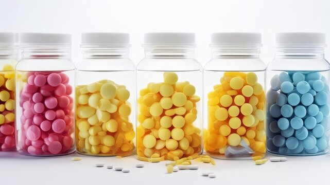 Jars with colorful pills stand in a row.