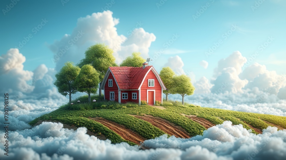 Sticker A cutaway farm with crops, isolated with clouds, 3D illustration of an empty green farm.