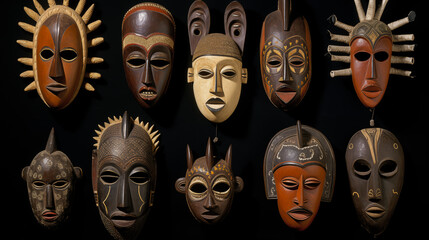 Array of African ceremonial masks with different expressions and designs, used in traditional rituals