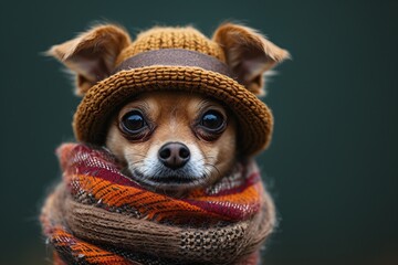 Furry Fashion: Chic Chihuahua in a Beanie and Scarf Generative AI