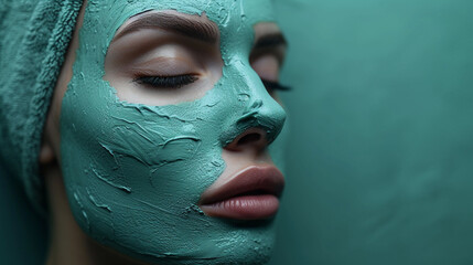 a blank green face mask jar on a mint background, with a spatula and a mask applied on a face model. 