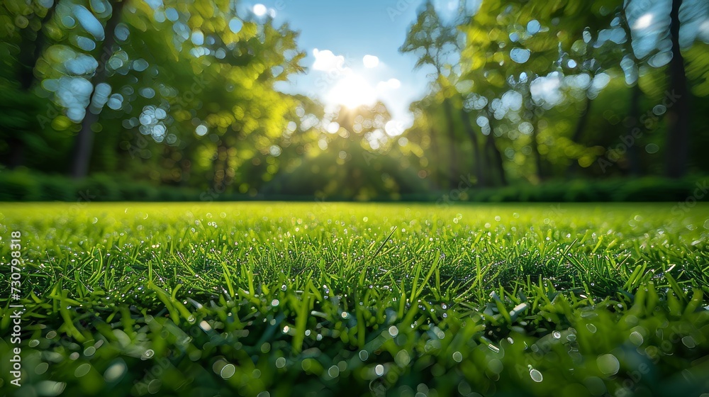 Poster beautiful blurred background image of spring nature featuring a trimmed lawn surrounded by trees aga