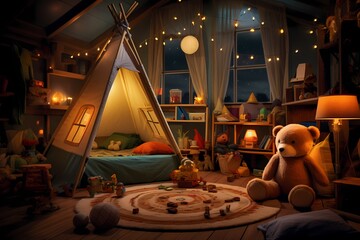 Nighttime view of a charming kindergarten room featuring an array of toys, a huggable teddy bear,...