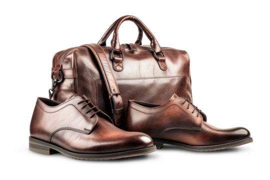 A pair of brown leather shoes and a matching business bag, isolated on a white background.