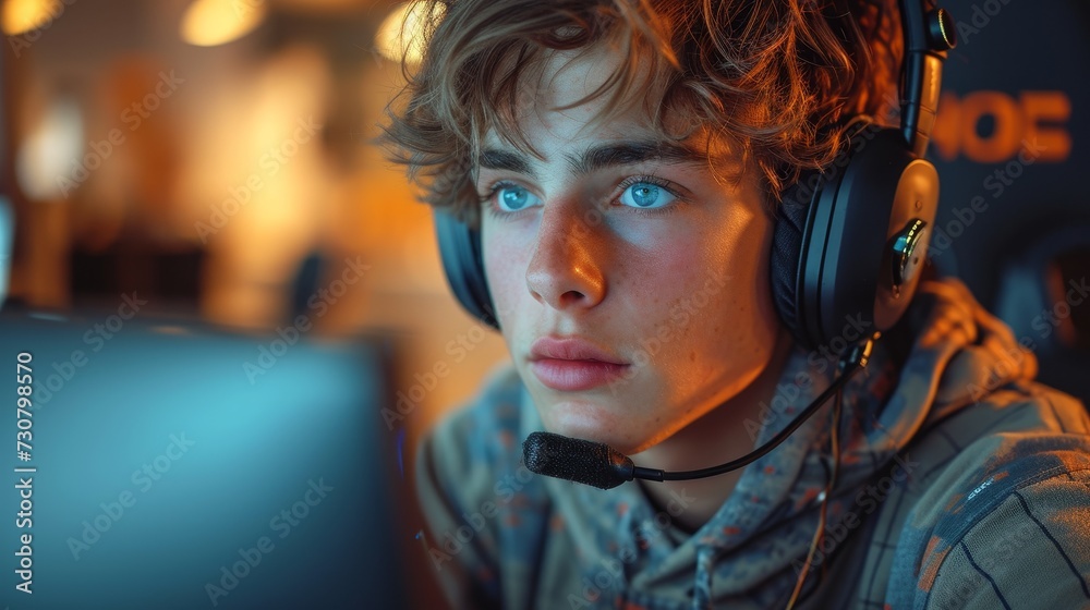 Aufkleber We would not be where we are today without our loyal customers like you. A young man is using a headset and computer in a modern office.