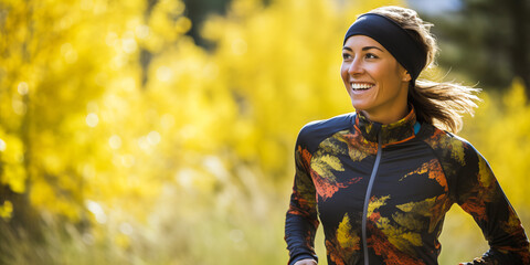 Active woman in nature wearing sports gear, vibrant color contrast