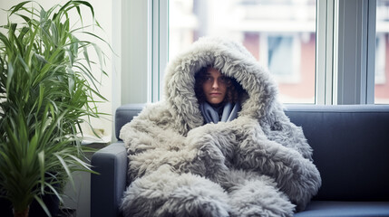 Woman bundled up indoors with a humorous expression of being cold