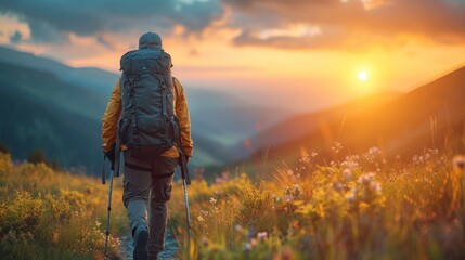 The picture shows a man hiking in the mountains at sunset wearing a heavy backpack Travel Lifestyle...