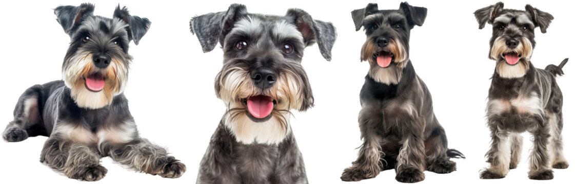 happy miniature schnauzer collection, portrait, sitting, lying and standing, isolated on a white background