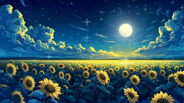 A sunflower field with night sky moon and star. Fantasy landscape anime or cartoon style, seamless looping 4k time-lapse virtual video animation background