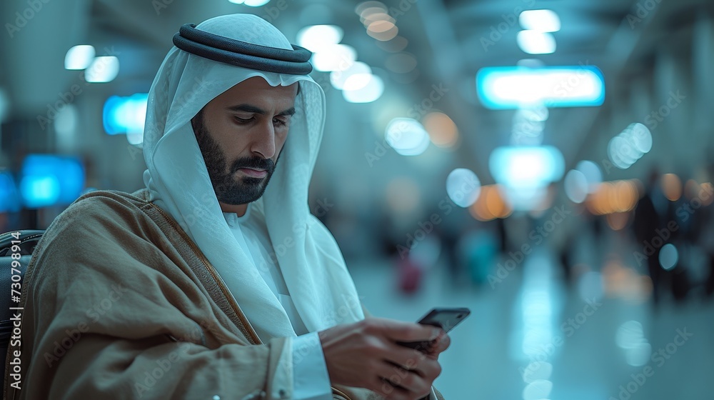 Poster stylish arab man on smartphone while walking with suitcase to flight boarding, young middle eastern 