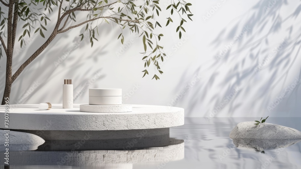 Poster 3d rendering of white stone podium and cosmetic display stand with water reflection and leaves in na