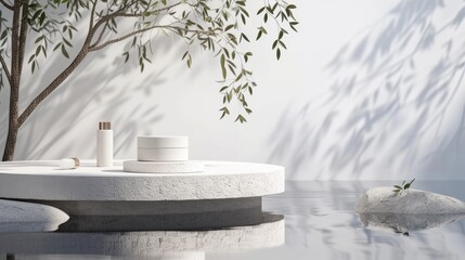 3D rendering of white stone podium and cosmetic display stand with water reflection and leaves in nature.