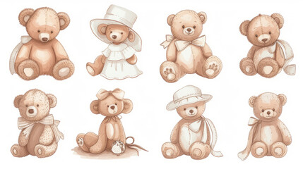 set of teddy bears and ribbon, white hat