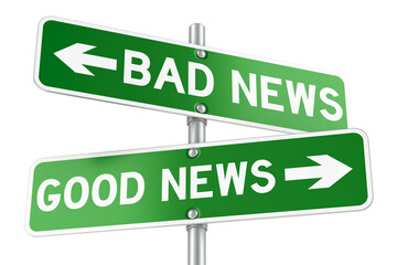 Bad news or Good news. Opposite traffic sign, 3D rendering isolated on transparent background