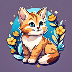 cute cartoon sticker art design of an orange, white, tan, brown striped calico cat kitten kitty with flowers