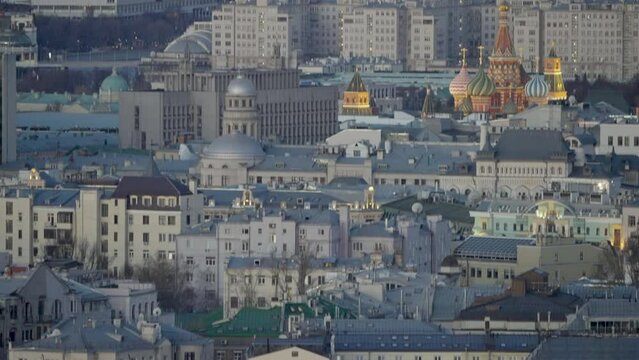 Overview of the historical part of the streets of Moscow at sunset. Panorama of the roofs and facades of buildings of historical Moscow at sunset
