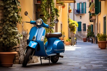 Picturesque view of a blue scooter parked on the narrow streets of a charming Italian town, highlighting the unique character of the surroundings
