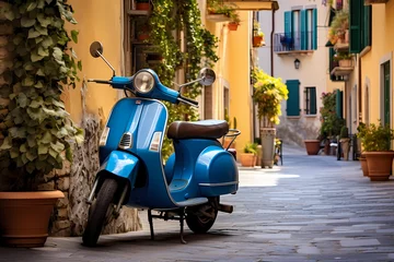 Tuinposter Picturesque view of a blue scooter parked on the narrow streets of a charming Italian town, highlighting the unique character of the surroundings © Haider
