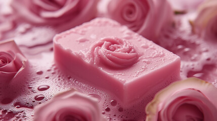 a blank pink soap bar on a rose background, with a wrapper and a foam effect. 