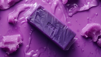 a blank purple shampoo bar on a violet background, with a wrapper and a foam effect. 