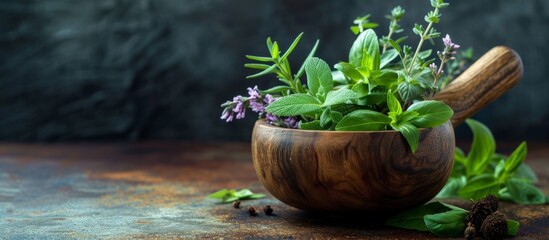 Wooden mortar with space for text, containing fresh and fragrant herbs. - obrazy, fototapety, plakaty