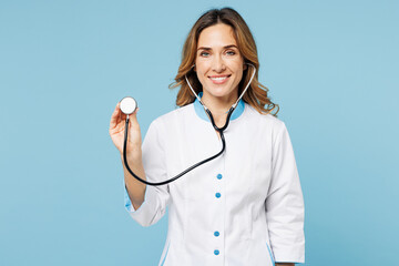 Female smiling happy doctor fun woman wears white medical gown suit work in hospital clinic office...