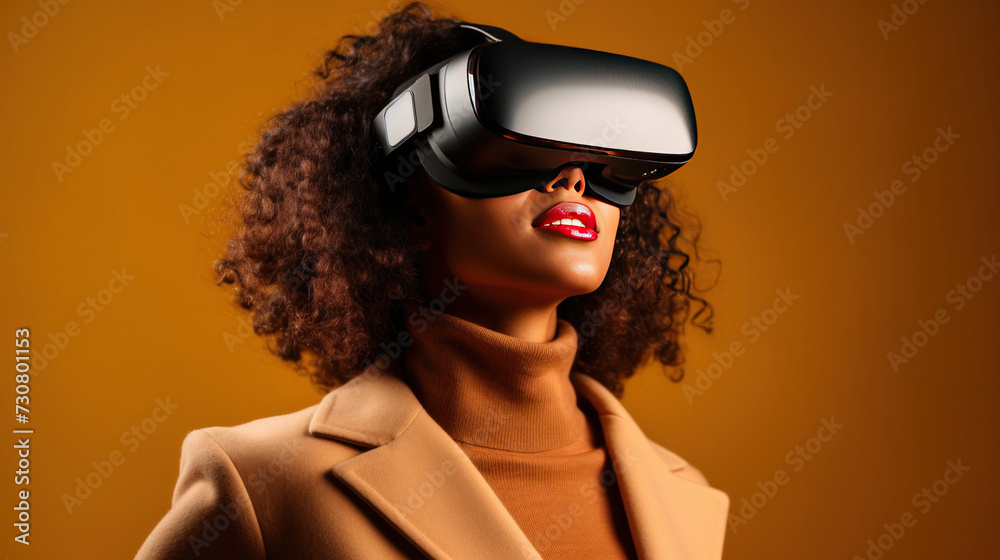 Wall mural A black woman using VR for online shopping browsing stylish clothing items. e-Commerce, e-Shopping, e-Store products, Shopping online concept.