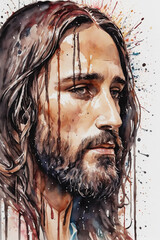 Jesus profile, art, ink, watercolor, paint drips