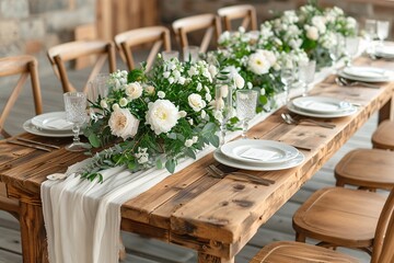 Wooden Table with White Flowers and Greenery for a Spring Wedding Generative AI - obrazy, fototapety, plakaty