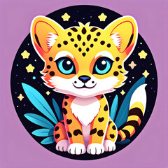 cute cartoon sticker art design of of a smiling cheetah sitting in grass beneath a starry night sky