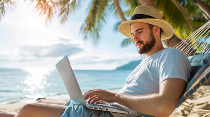 A man wearing a straw hat working on a laptop while sitting on a hammock by the ocean, representing a remote working lifestyle.  Ai generative