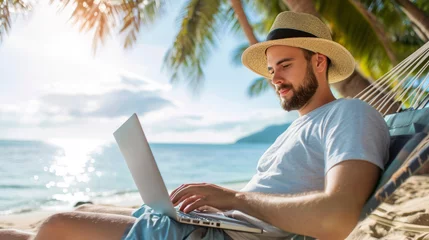 Foto op Plexiglas A man wearing a straw hat working on a laptop while sitting on a hammock by the ocean, representing a remote working lifestyle.  Ai generative © ImageFlow