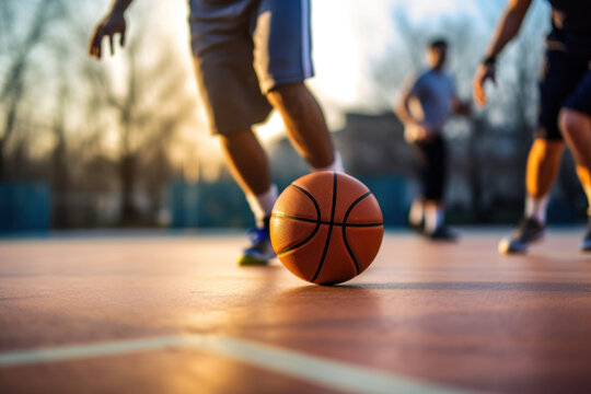 A young male basketball player dribbling the ball on basketball court in action.