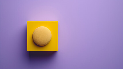 a blank yellow box of powder foundation with a sponge applicator on a purple background  - obrazy, fototapety, plakaty
