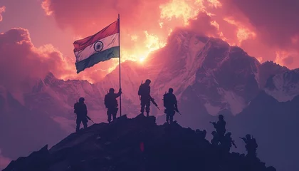 Fotobehang Indian Army Soldiers Standing on a Mountain with a Flag Generative AI © BollywoodSong