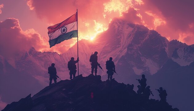 Indian Army Soldiers Standing on a Mountain with a Flag Generative AI