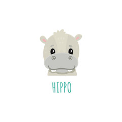 cute cartoon hippo. Animal in flat style. Hippopotamus head for cards,magazins,banners.Forest animal. 