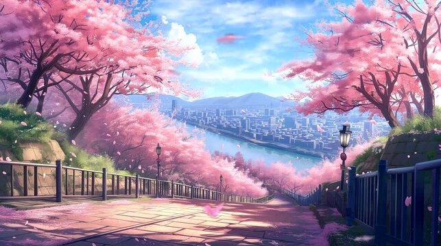 An enchanting cherry blossom grove during the peak of spring with city view. Fantasy landscape anime or cartoon style, seamless looping 4k time-lapse virtual video animation background