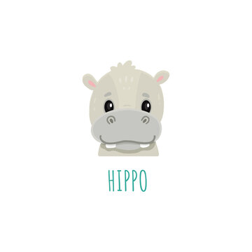 cute cartoon hippo. Animal in flat style. Hippopotamus head for cards,magazins,banners.Forest animal. 
