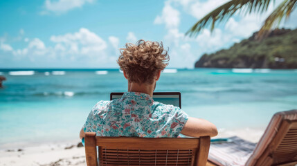 Man working on a laptop at the beach, illustrating the concept of remote work or being a digital...
